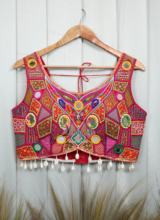 Gujarati Mirror Work Embroidered Navratri Choli Blouse Top with Shells